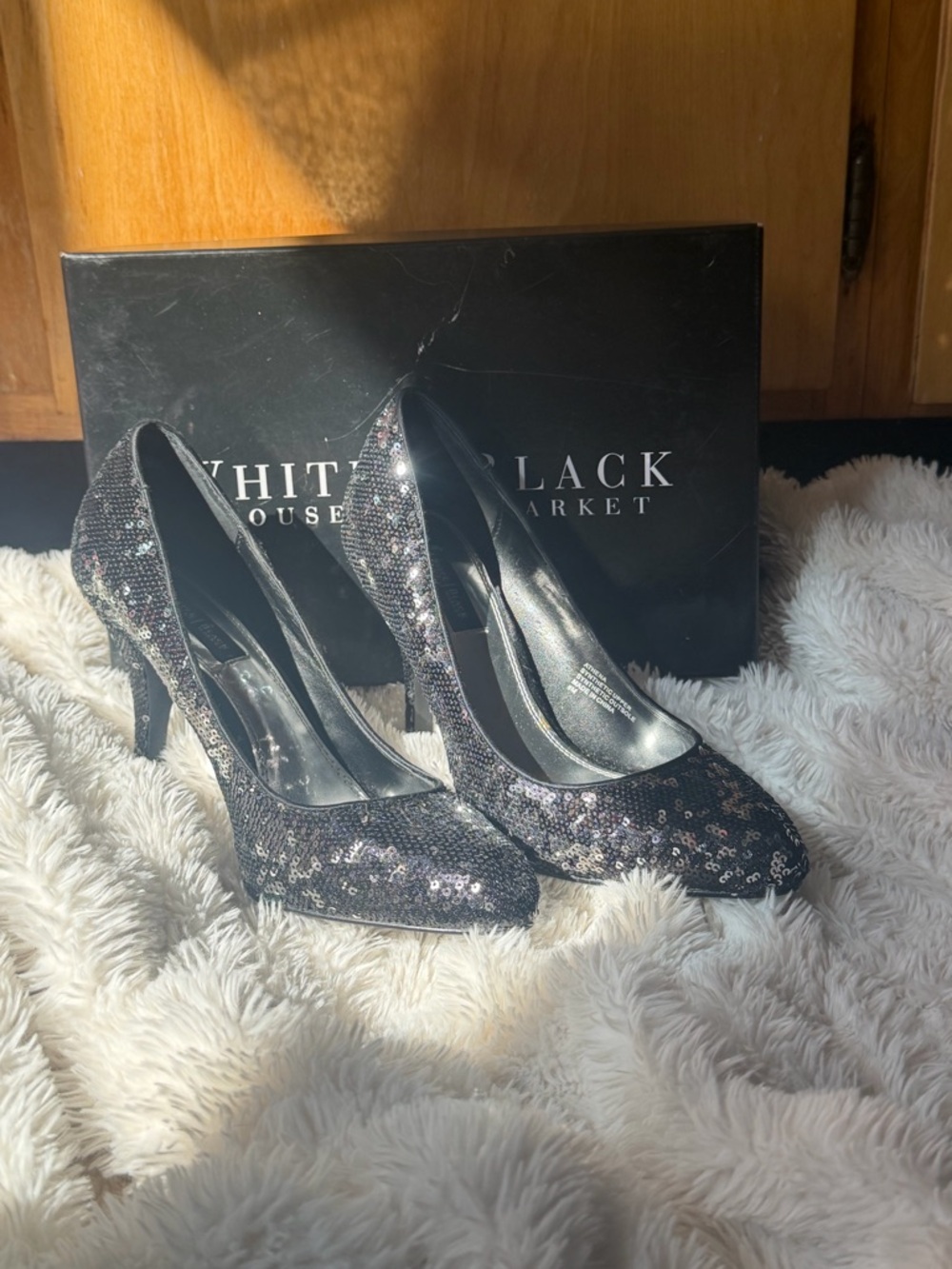 White House Black Market Black Sequin Pointed-Toe High Heels